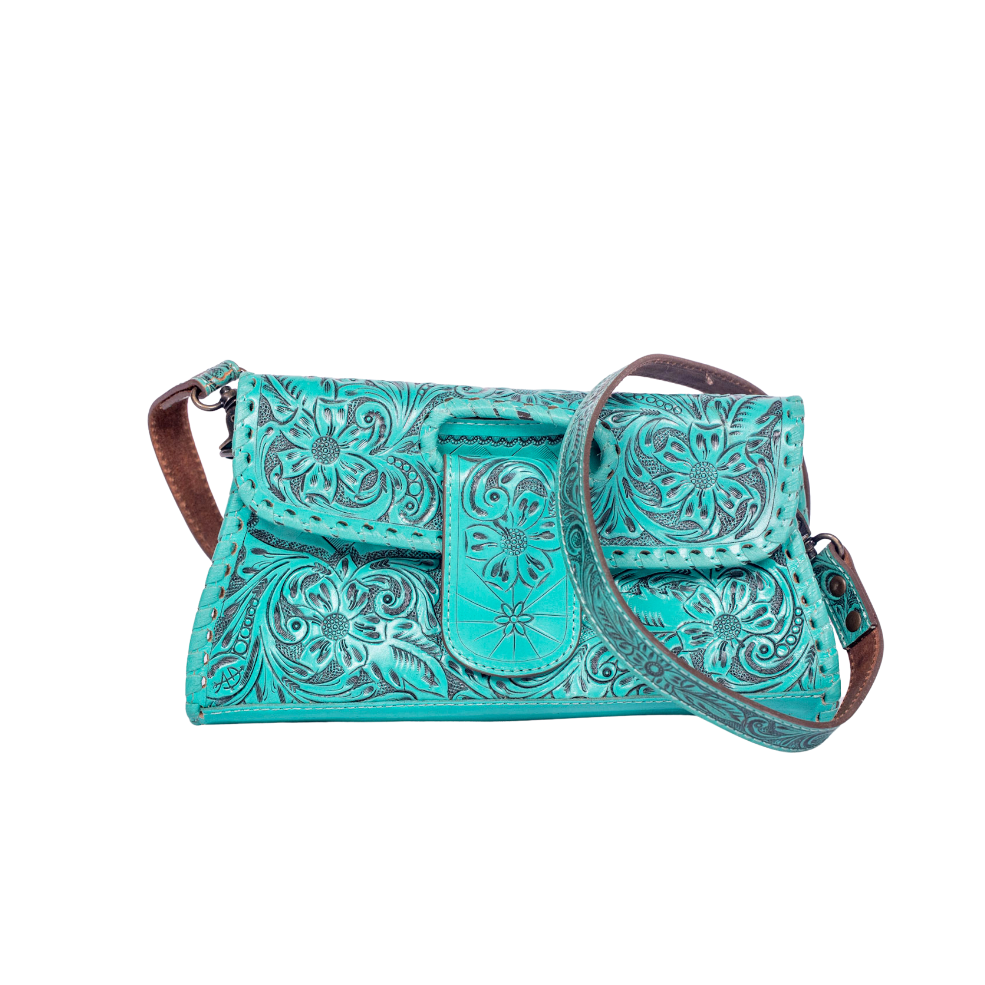 Hand Tooled Floral Leather Wallet Bag Clutch & Crossbody Handbag