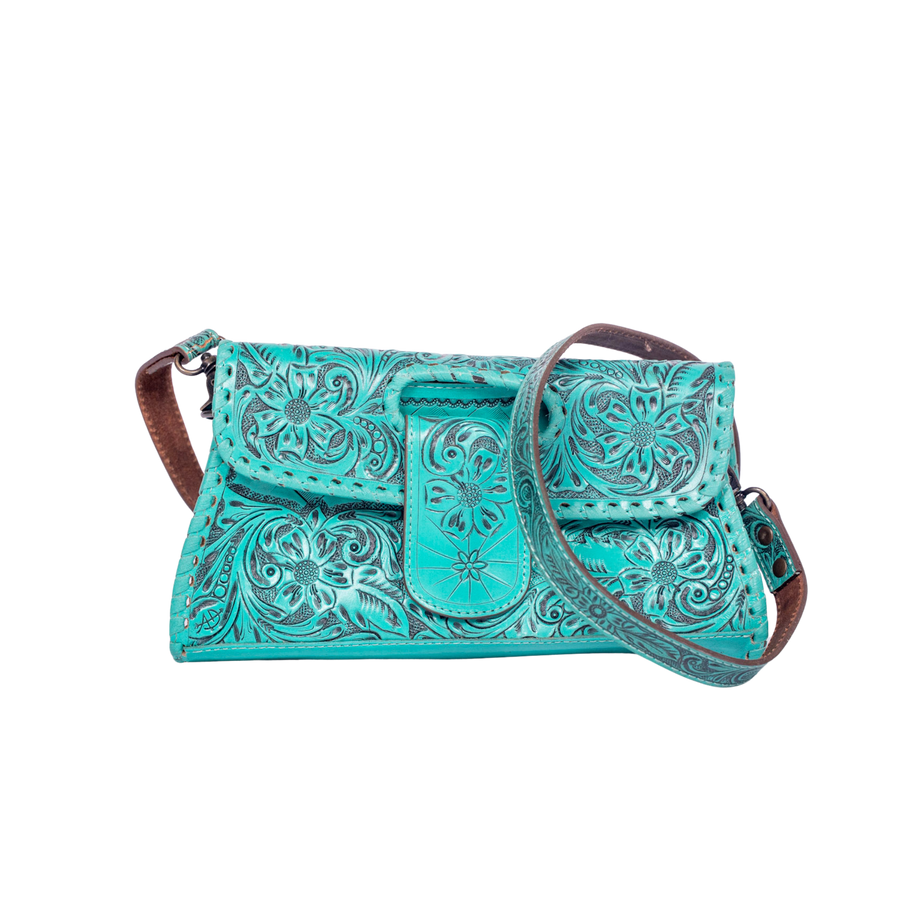 Hand Tooled Floral Leather Wallet Bag Clutch & Crossbody Handbag