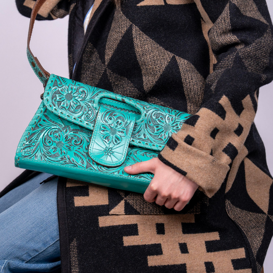 Hand Tooled Floral Leather Wallet Bag Clutch & Crossbody Handbag