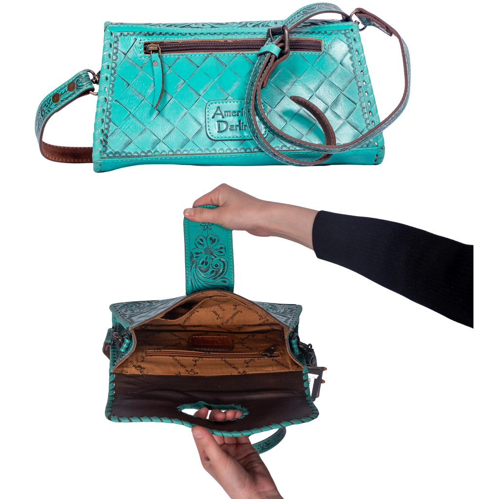 Hand Tooled Floral Leather Wallet Bag Clutch & Crossbody Handbag