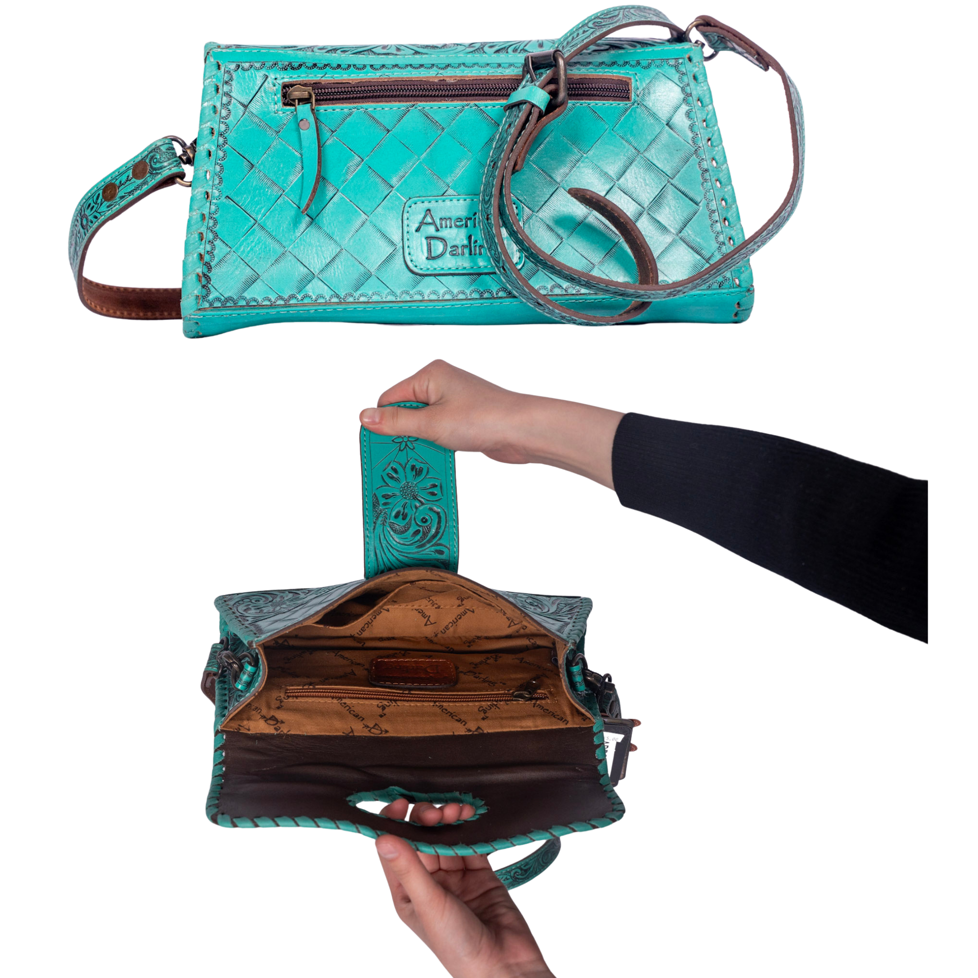 Hand Tooled Floral Leather Wallet Bag Clutch & Crossbody Handbag