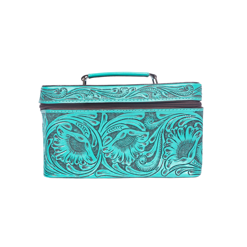 Hand Tooled Leather Jewelry Case -Western Travel Bag Turquoise