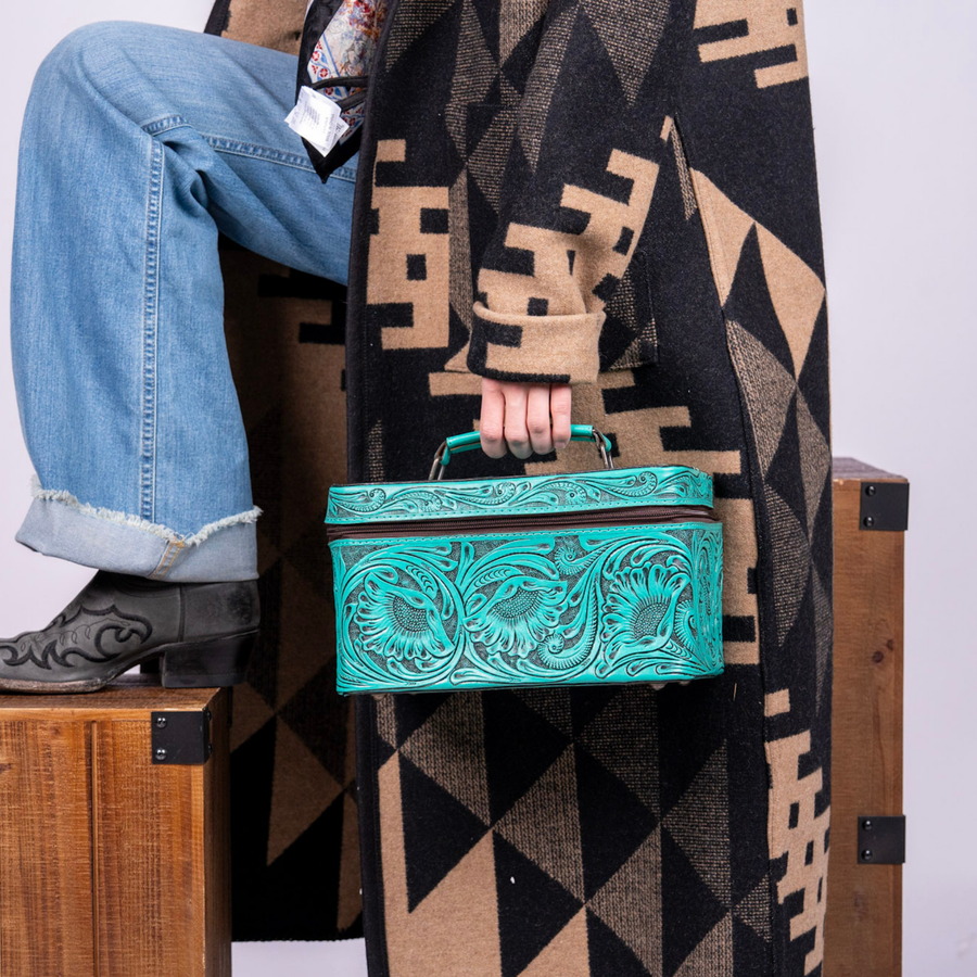Hand Tooled Leather Jewelry Case -Western Travel Bag Turquoise