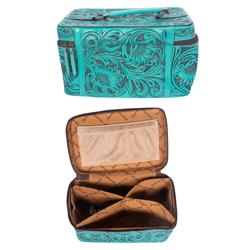 Hand Tooled Leather Jewelry Case -Western Travel Bag Turquoise