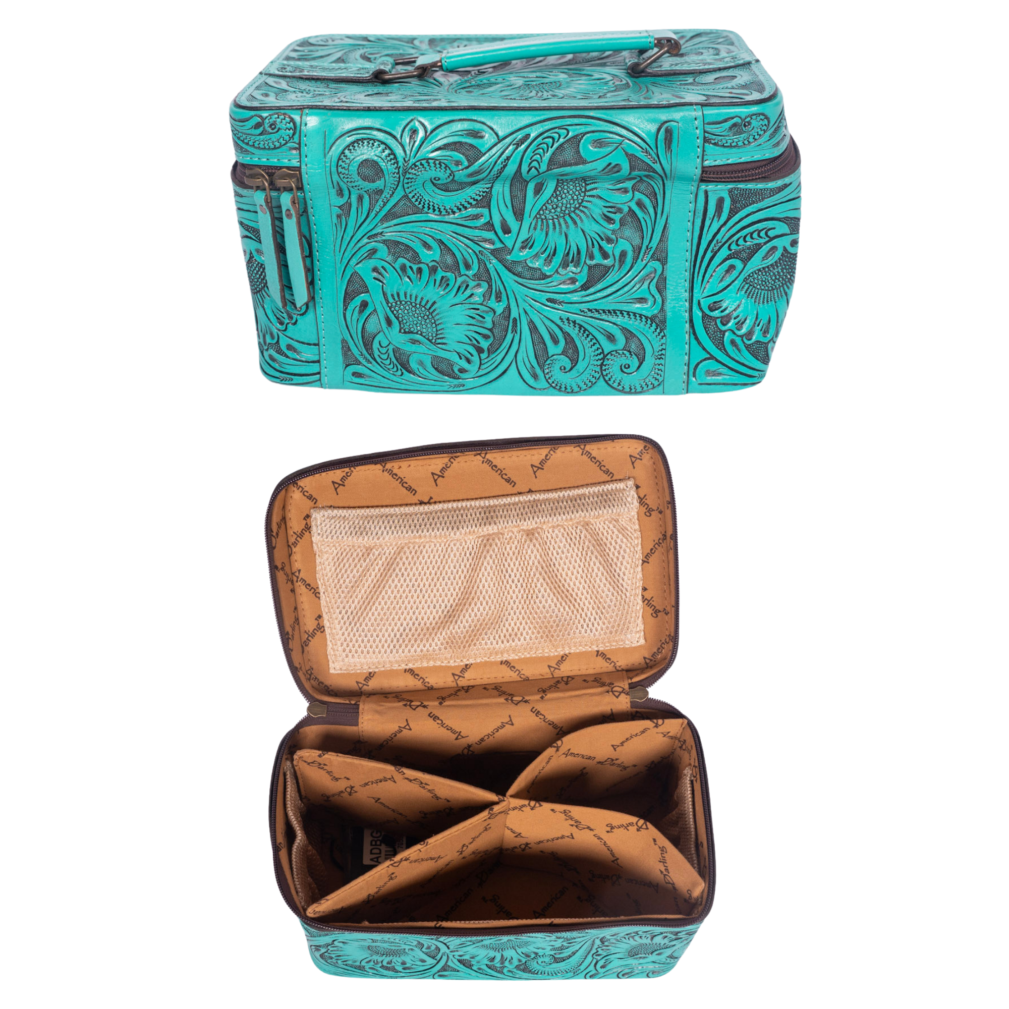 Hand Tooled Leather Jewelry Case -Western Travel Bag Turquoise