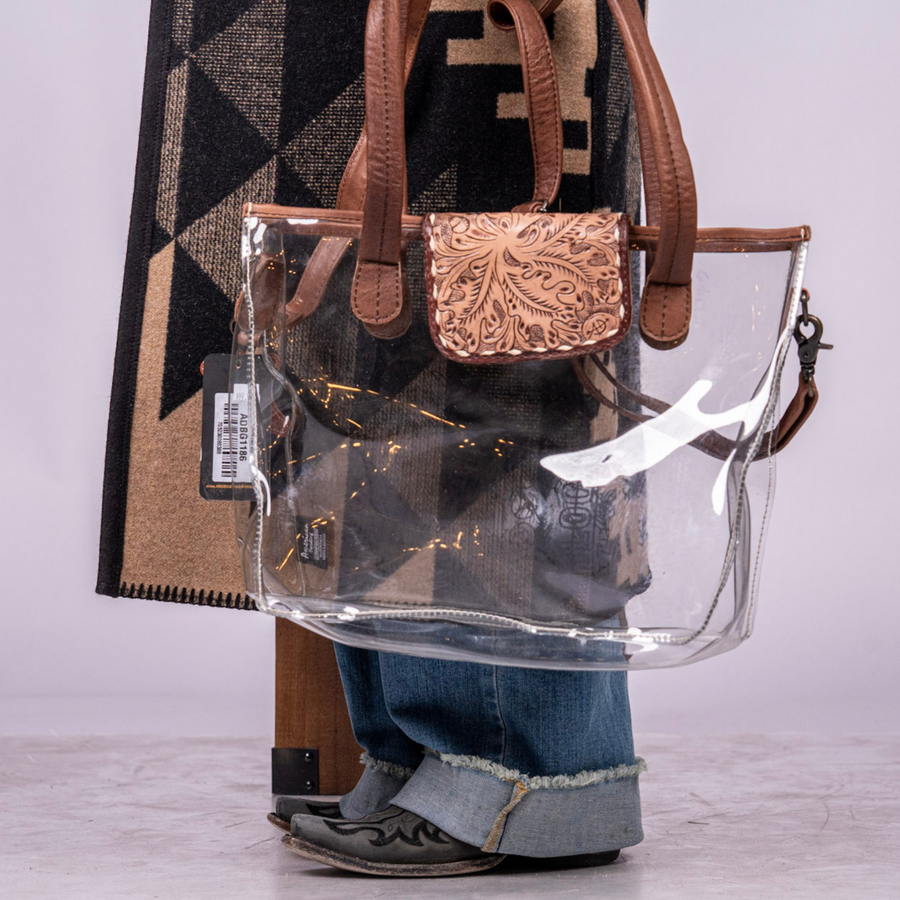 Floral Tooled Leather Clear Bag -Western Stadium Tote