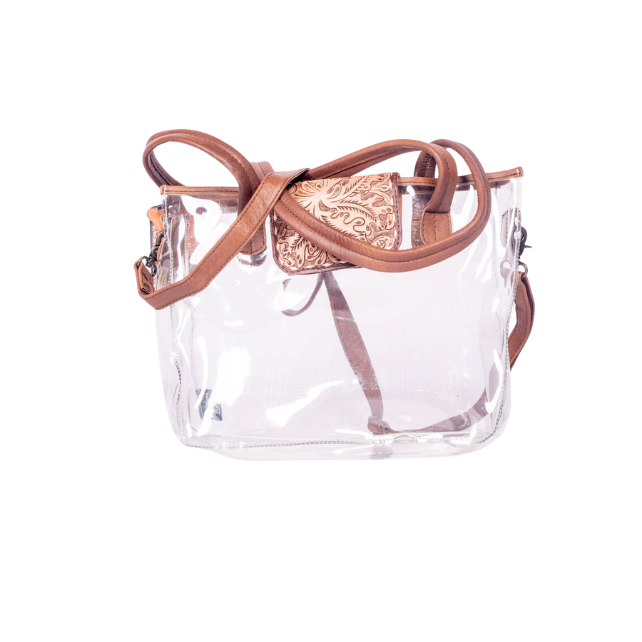 Floral Tooled Leather Clear Bag -Western Stadium Tote